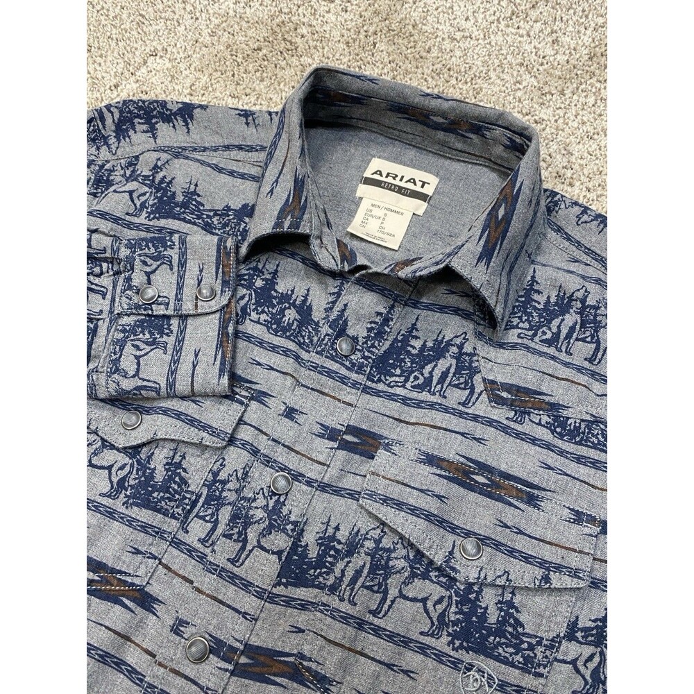 Ariat Western Shirt Mens Small Gray Aztec Wolf Print Pearl Snaps Retro Fit